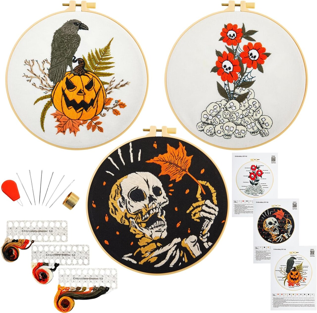 Gothic Halloween Embroidery Kit for Beginners – Stamped Cross Stitch Needlepoint Set with 3 Hoops, Pumpkin, Skull & Raven Designs, Includes Threads, Needles & Video Tutorial QR Code (White)